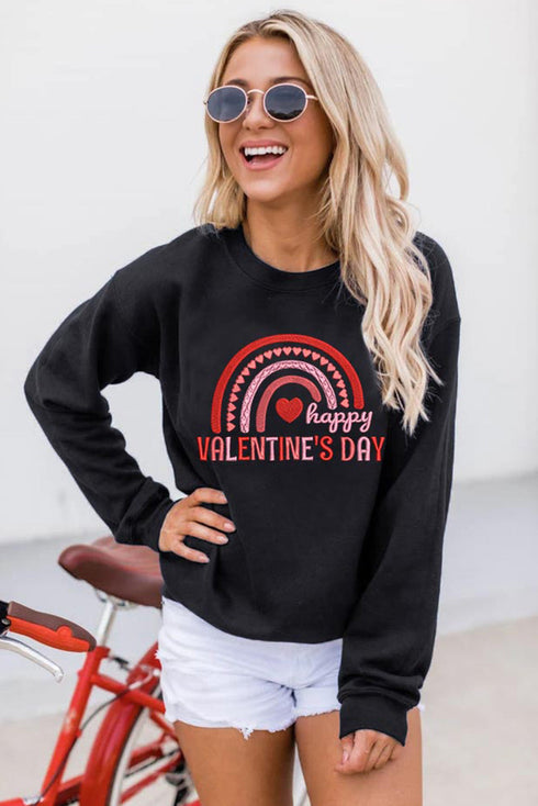 Black Happy Valentine'S Day Graphic Embroidered Sweatshirt